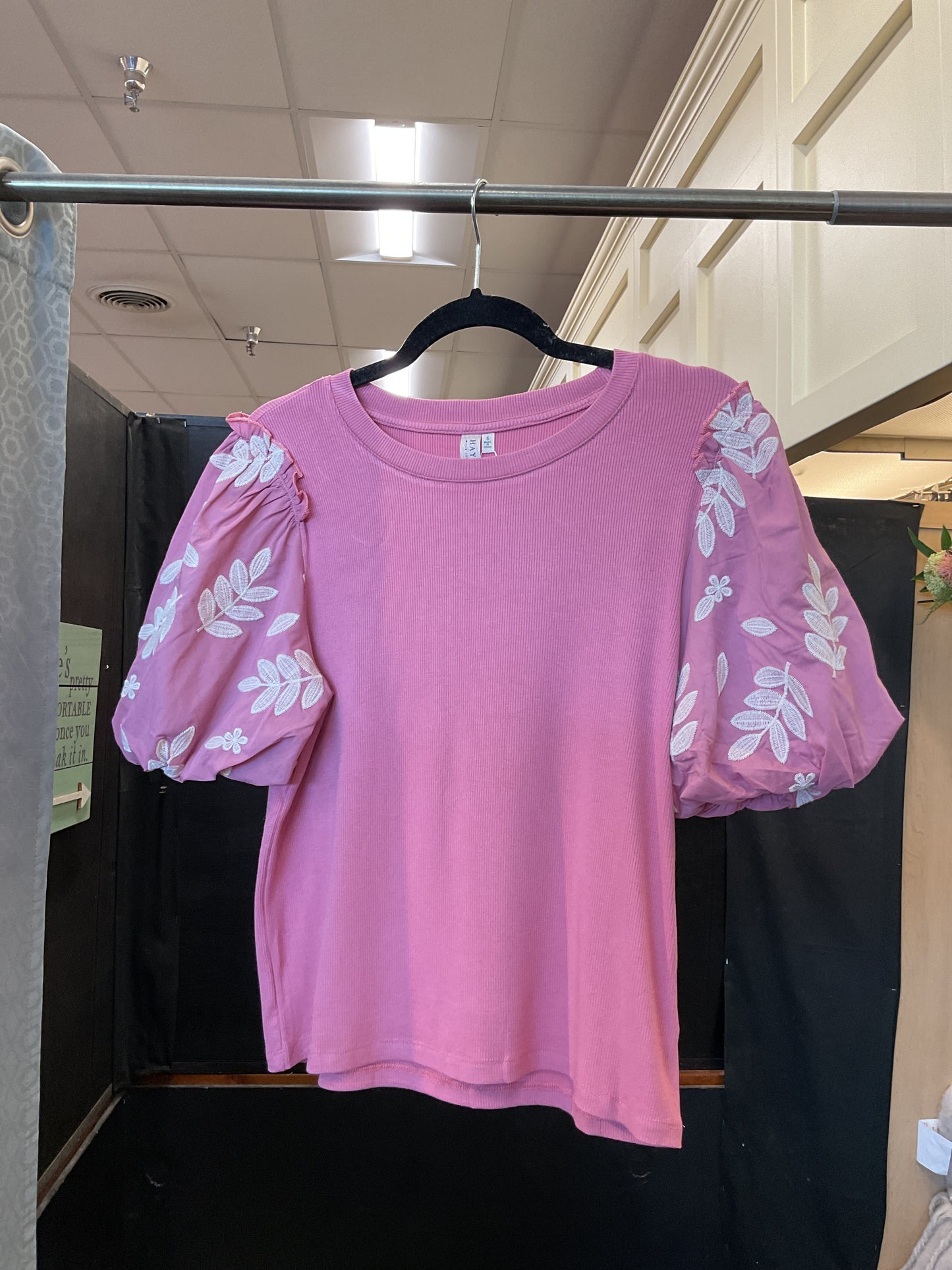 Pink Embroidered Contrast Sleeve Knit Top