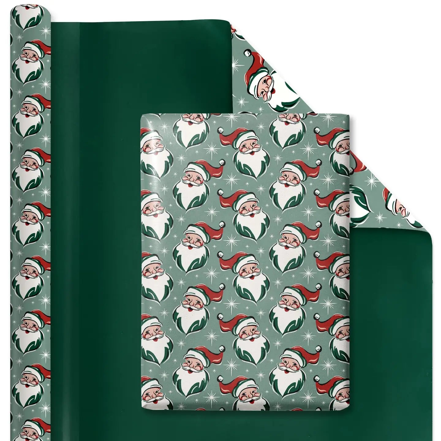 30" X 10' Reversible Holiday Wrapping Paper | Retro Santa Faces/Solid Green