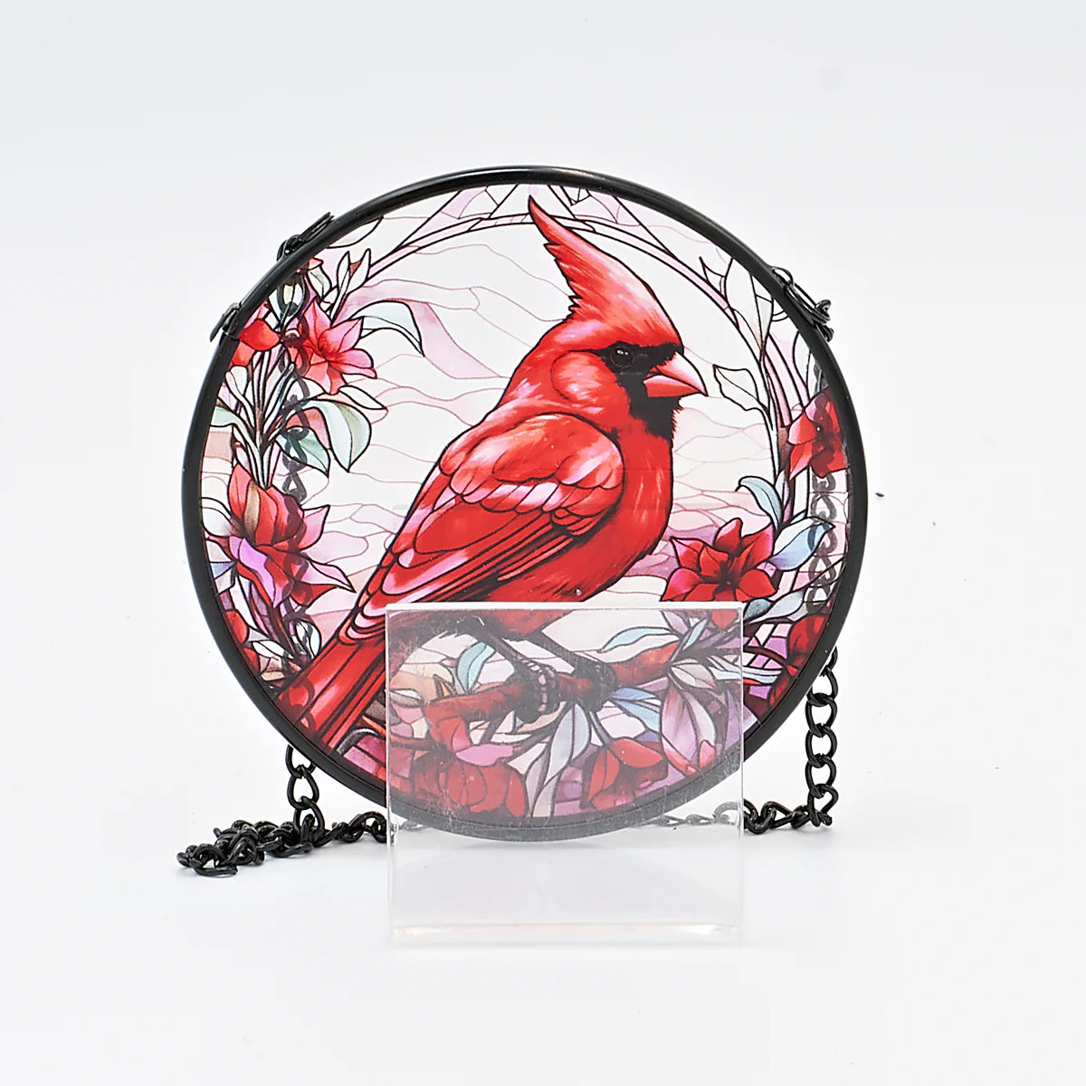 Cardinal and Poinsettias Stained Glass Round Ornament