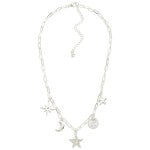 Paperclip Chain Link Charm Necklace Featuring Metal Tones, Rhinestones, & Space Charms
