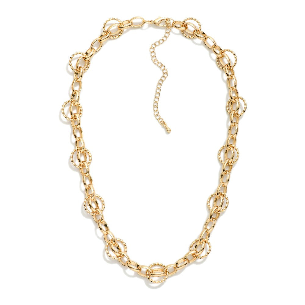 Circular Chain Link Necklace Featuring Linked Twisted Metal Circle Stations