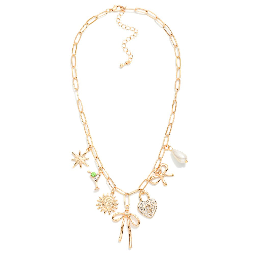 Necklace Featuring Metal Charms, Pearl & Rhinestones