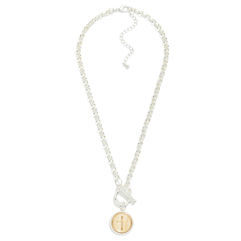 Circle Link Chain Link Necklace Featuring Two Tone Cross Medallion & Toggle Clasp