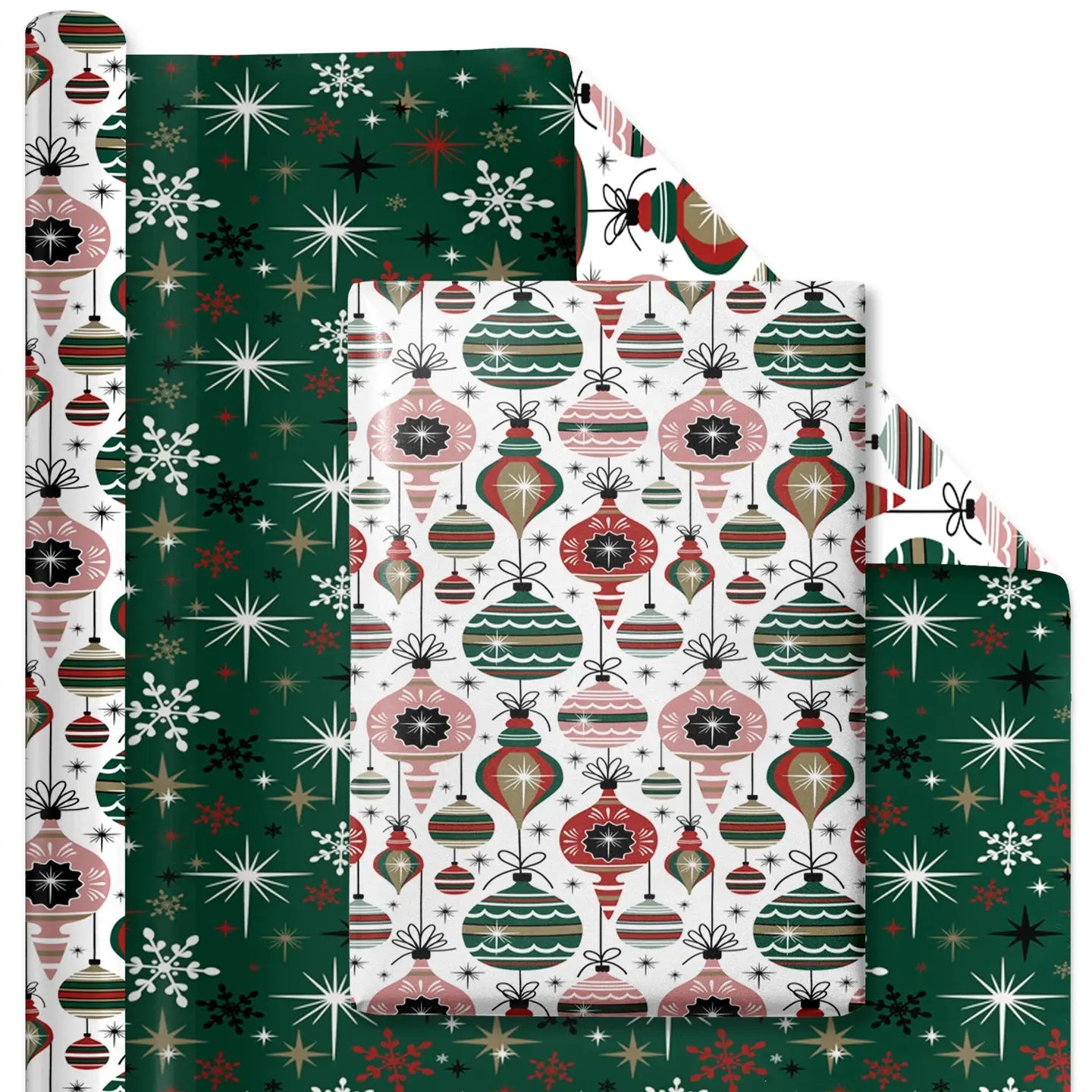 30" X 10' Reversible Holiday Wrapping Paper | Retro Ornaments/Retro Snowflakes and Stars