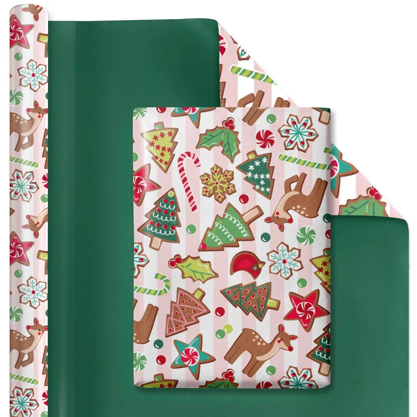 30" X 10' Reversible Holiday Wrapping Paper | Sweet Cookies/Solid Green