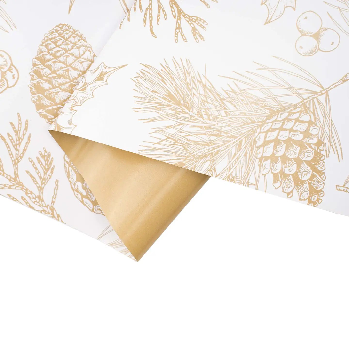 30" X 10' Reversible Holiday Wrapping Paper | Gold Pinecones On White/Flat Gold