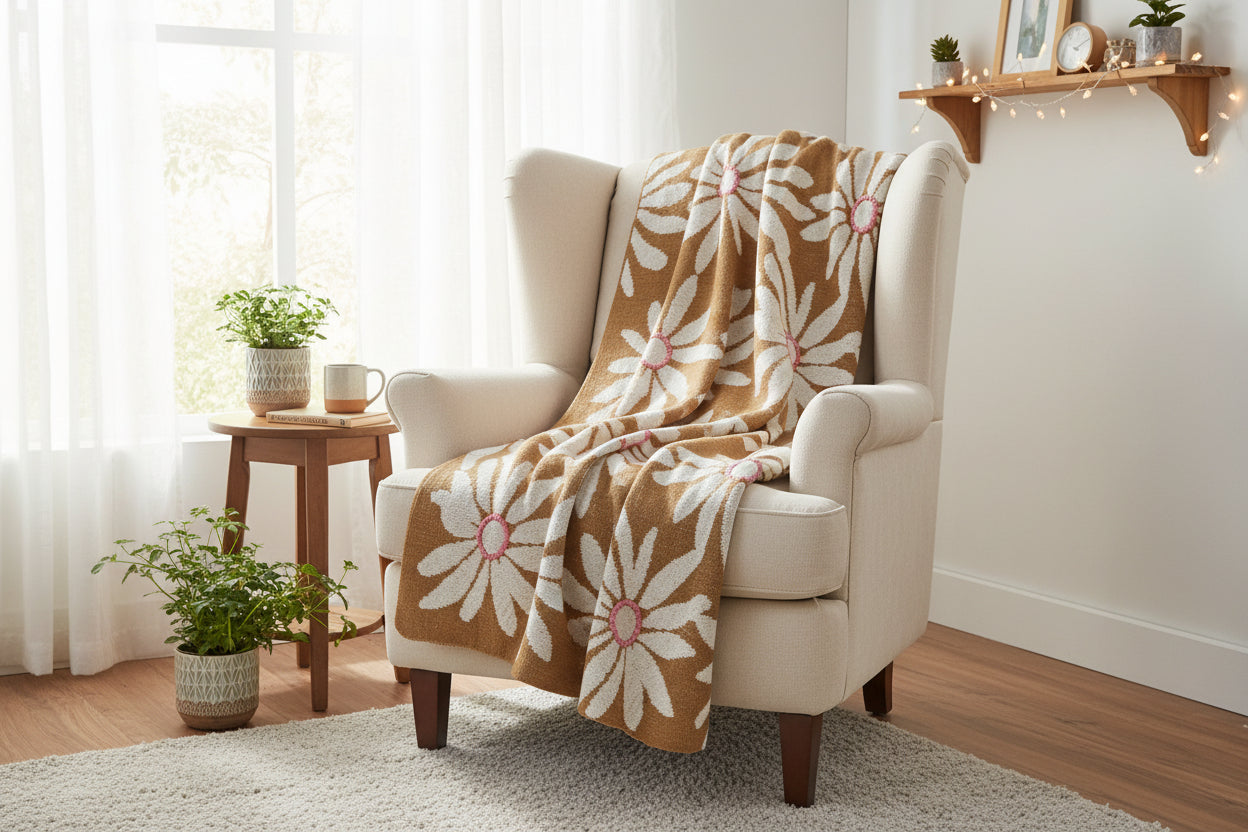 Knit Throw with Flowers