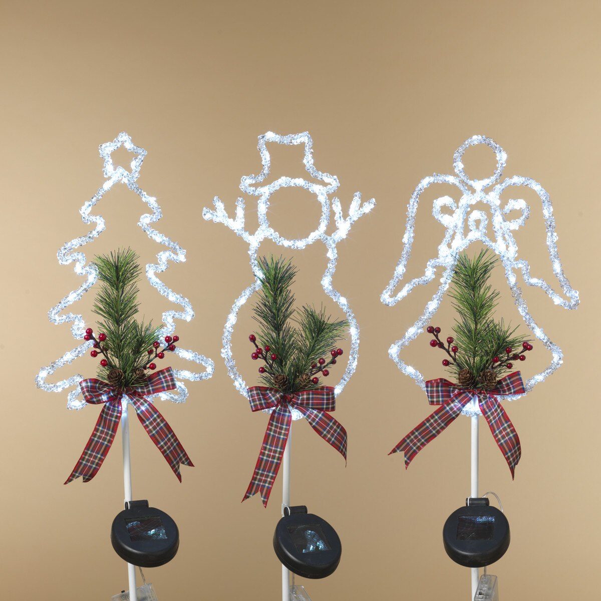 31.5"H Solar Lighted Holiday Figurine with Pine & Bow Yard Stake, 3 Assorted