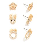 Set Of Three Rhinestone Studded Christmas Stud Earrings