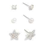Set Of Three Metal Tone Earrings Featuring Rhinestone, And Pearls