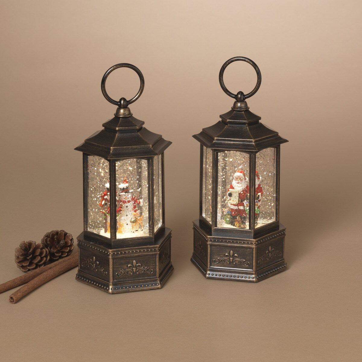 Lighted Spinning Water Globe Lantern w/ Holiday Scene, 2 Asst