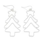 Silver Metal Tone Wire Christmas Tree Drop Earrings