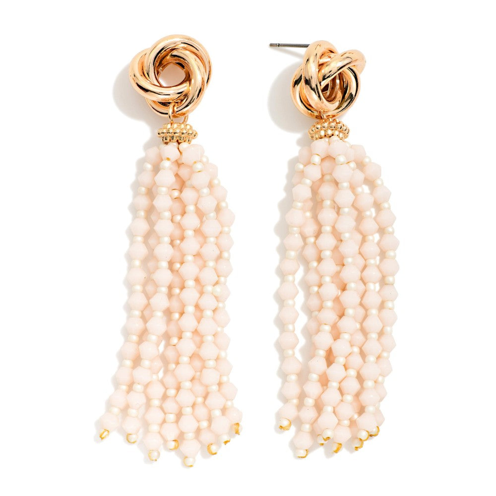 Metal Tone Knot & Beaded Tassel Post Drop Earrings