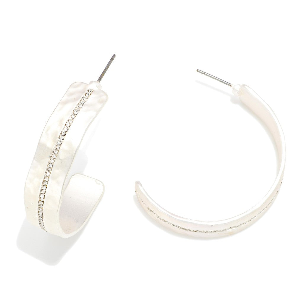 Flat Hammered Metal Half Hoop Earrings Featuring Rhinestone Line Accent