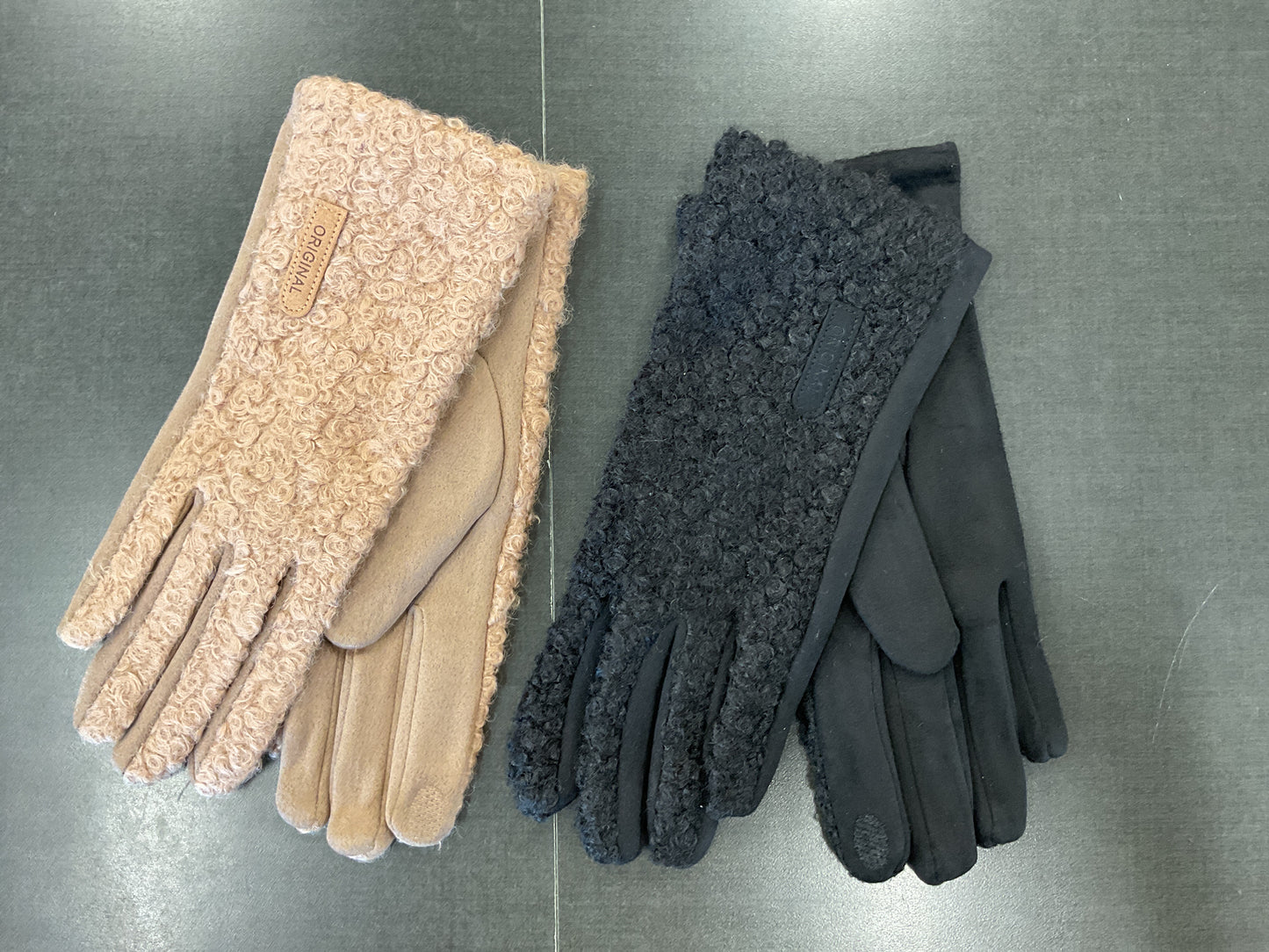 Boucle and Faux Suede Logo Gloves