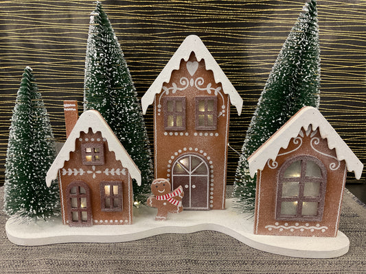 Lighted Wood Gingerbread House with Trees