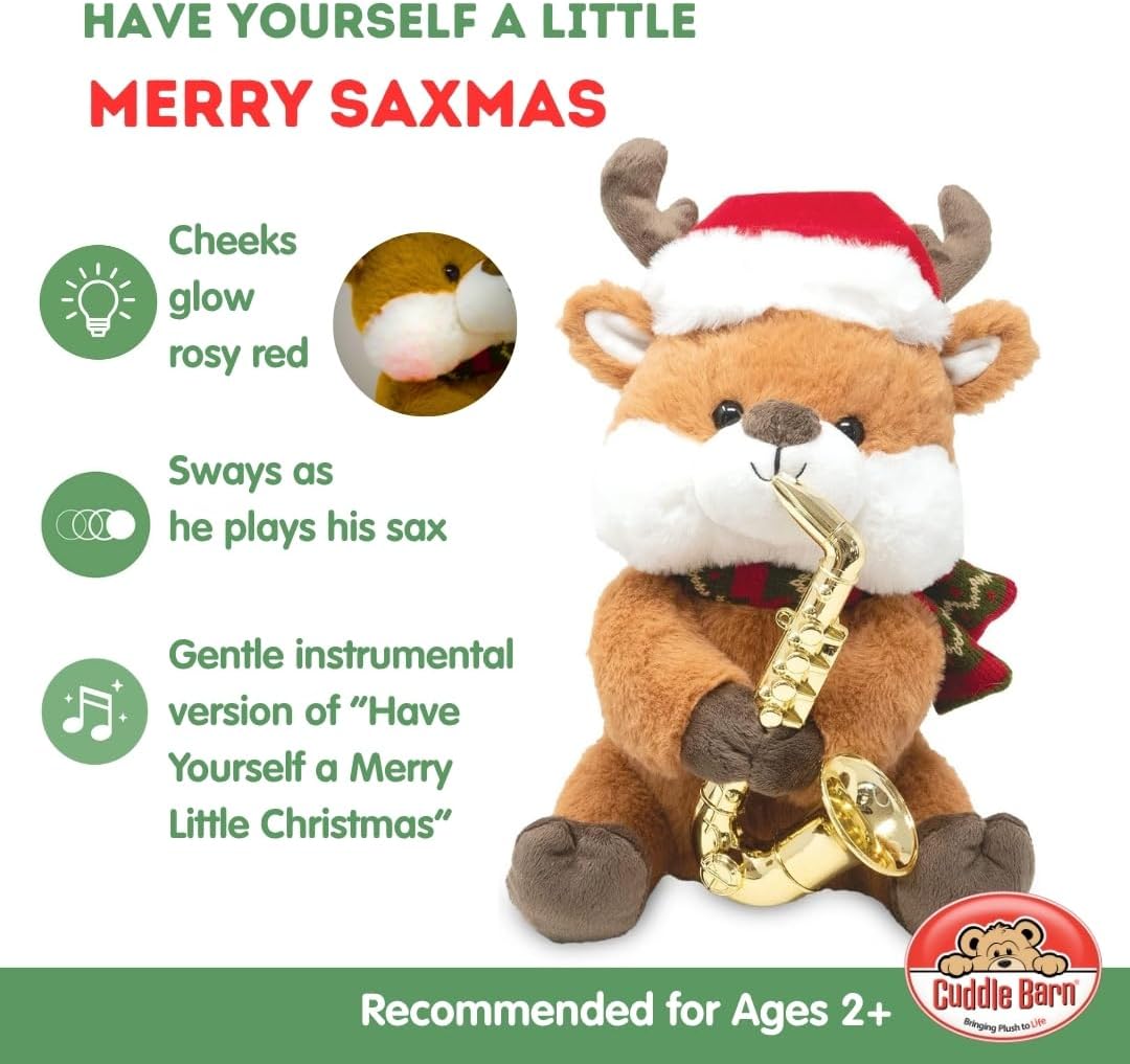 Merry Saxmas Sterling | Animated Christmas Reindeer Stuffed Animal Plush Toy, Sways, Lights Up, and Plays Saxophone to Have Yourself a Merry Little Christmas
