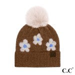 Daisy Pattern Beanie With Pom