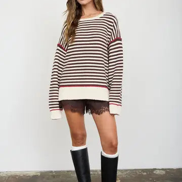 Stripe Contrast Stitch Raw Edge Knit Sweater