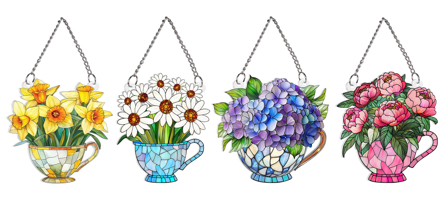 9" Garden Blooms Teacup Stained Glass Suncatcher