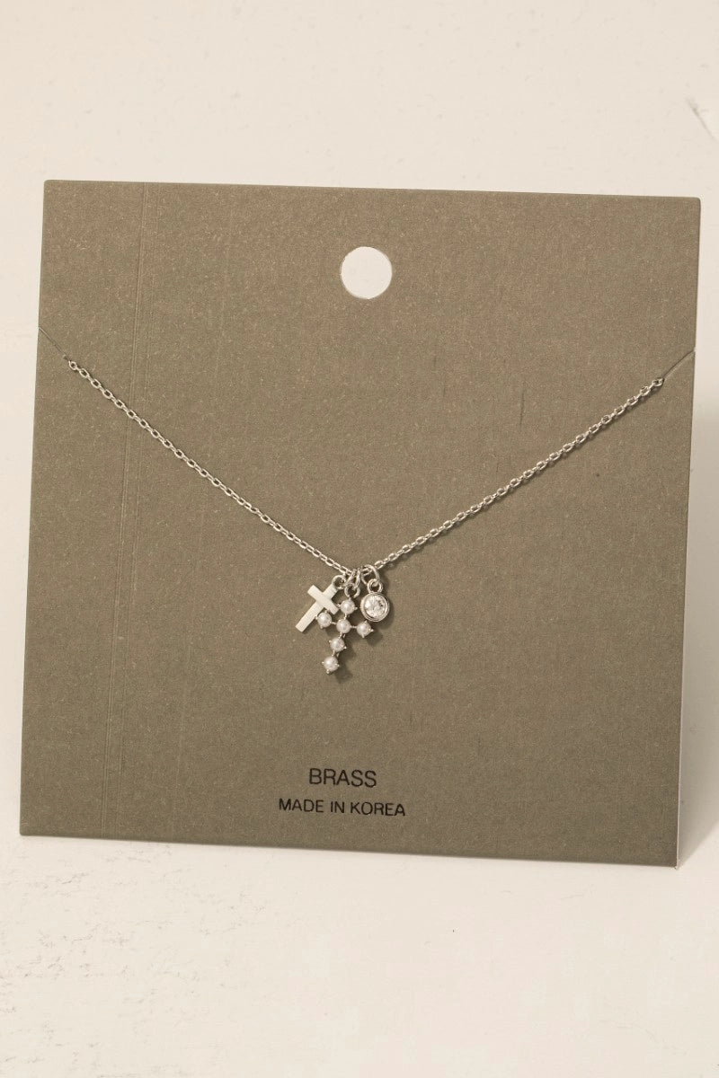 Pearl Cross and Gem Charms Chain Necklace