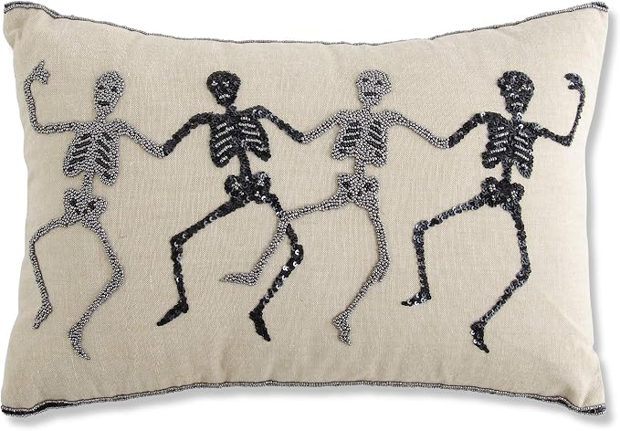 Tan Rectangle Halloween Pillow with Beaded Skeletons