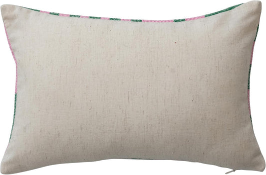 Cotton Velvet Embroidered Lumbar Pillow with Check Pattern