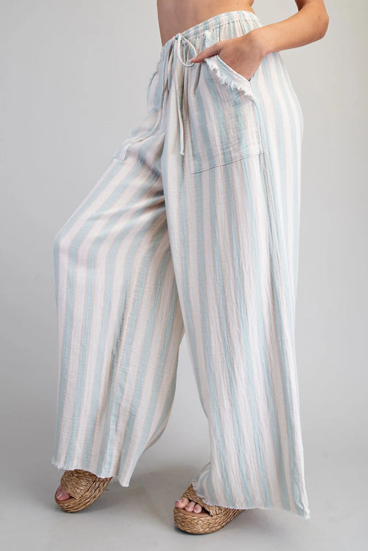 Striped Frayed-Pocket Wide Leg Pants