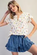 Floral Print Ruffled Split Neck Blouse