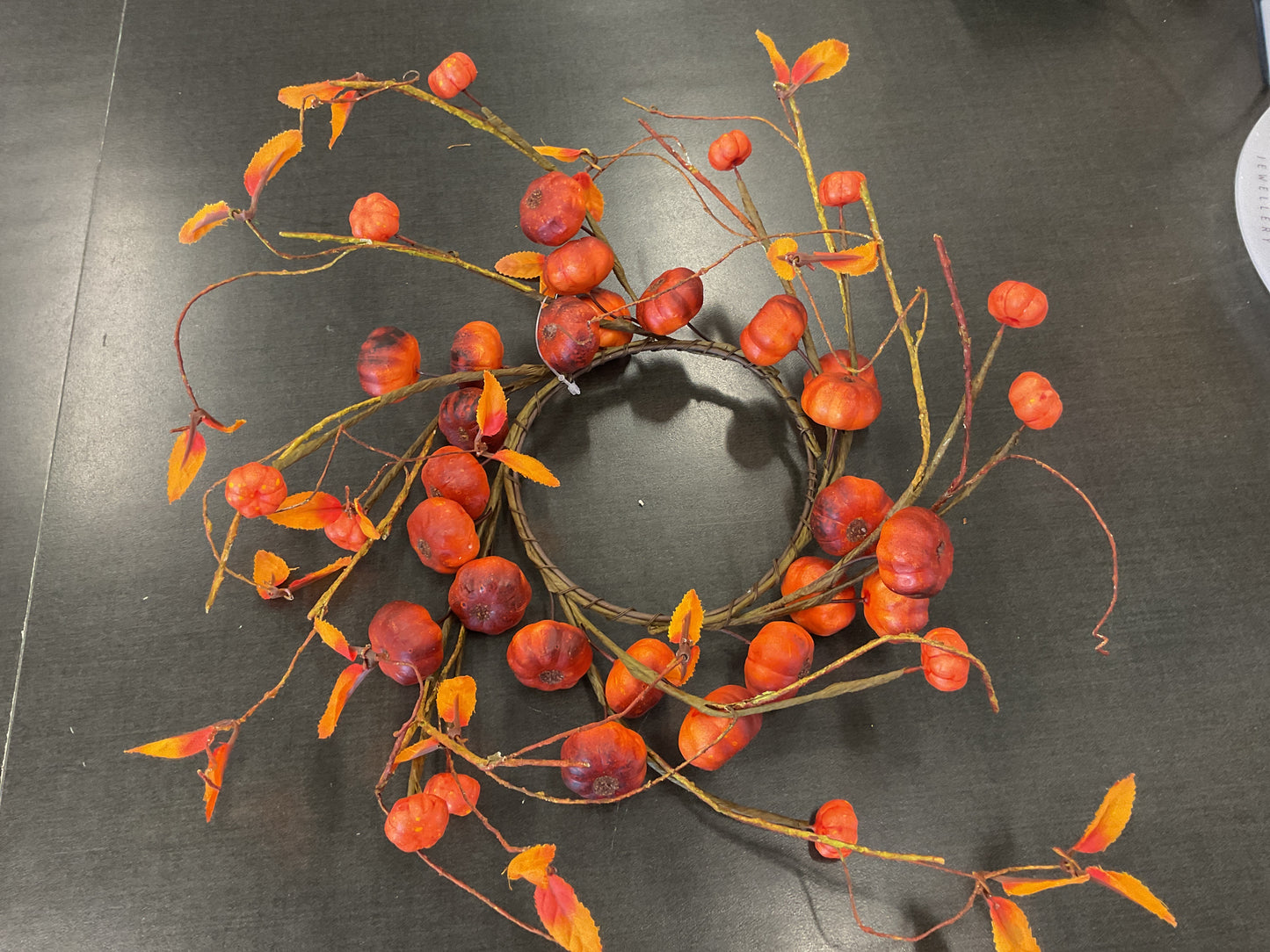 Orange Mini Pumpkin Twig Candle Ring with Leaves