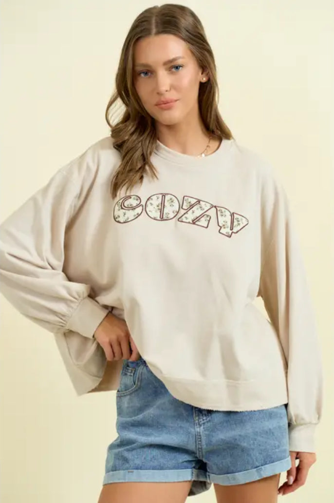 "Cozy" Embroidered Puff Sleeve Sweatshirt