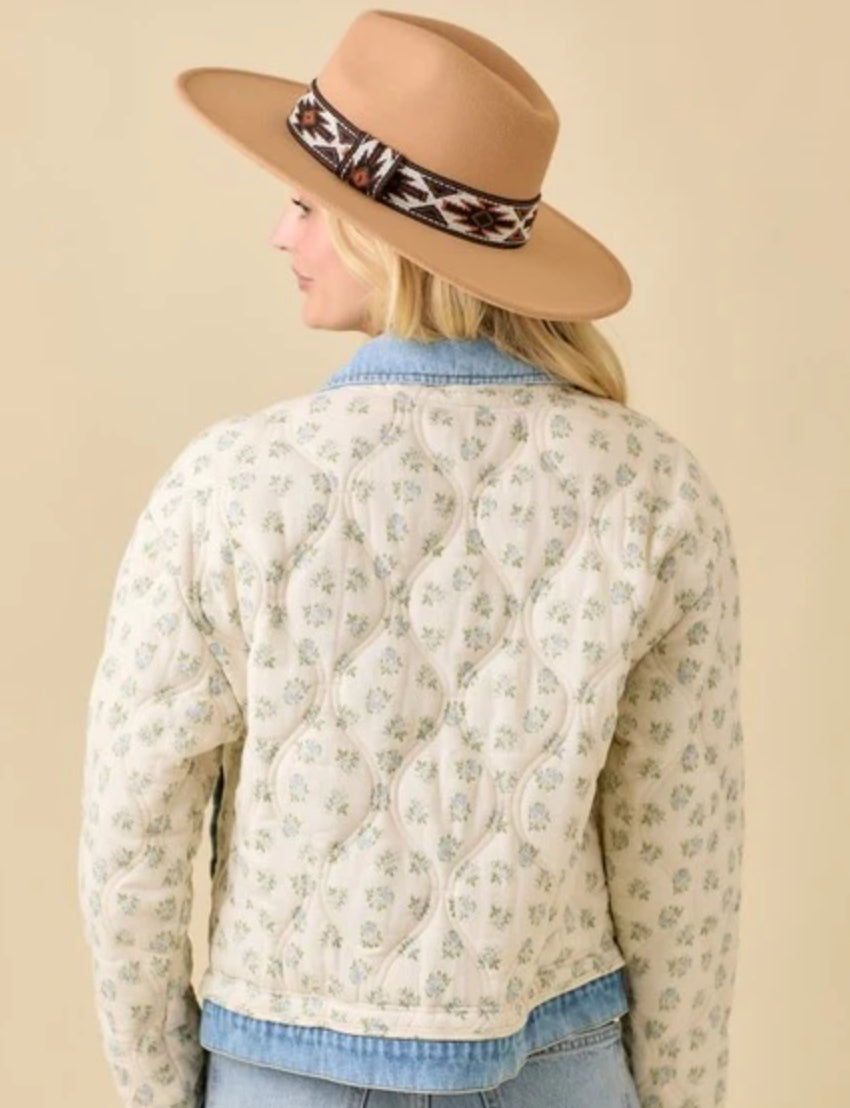 Floral print quilted denim jacket