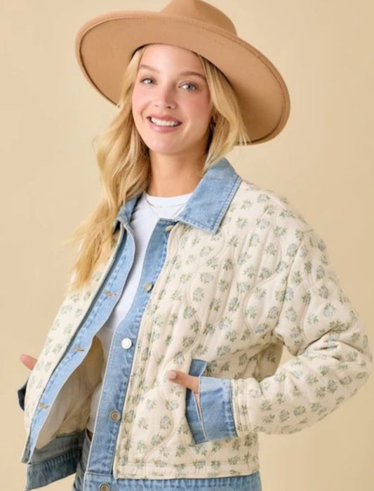 Floral print quilted denim jacket