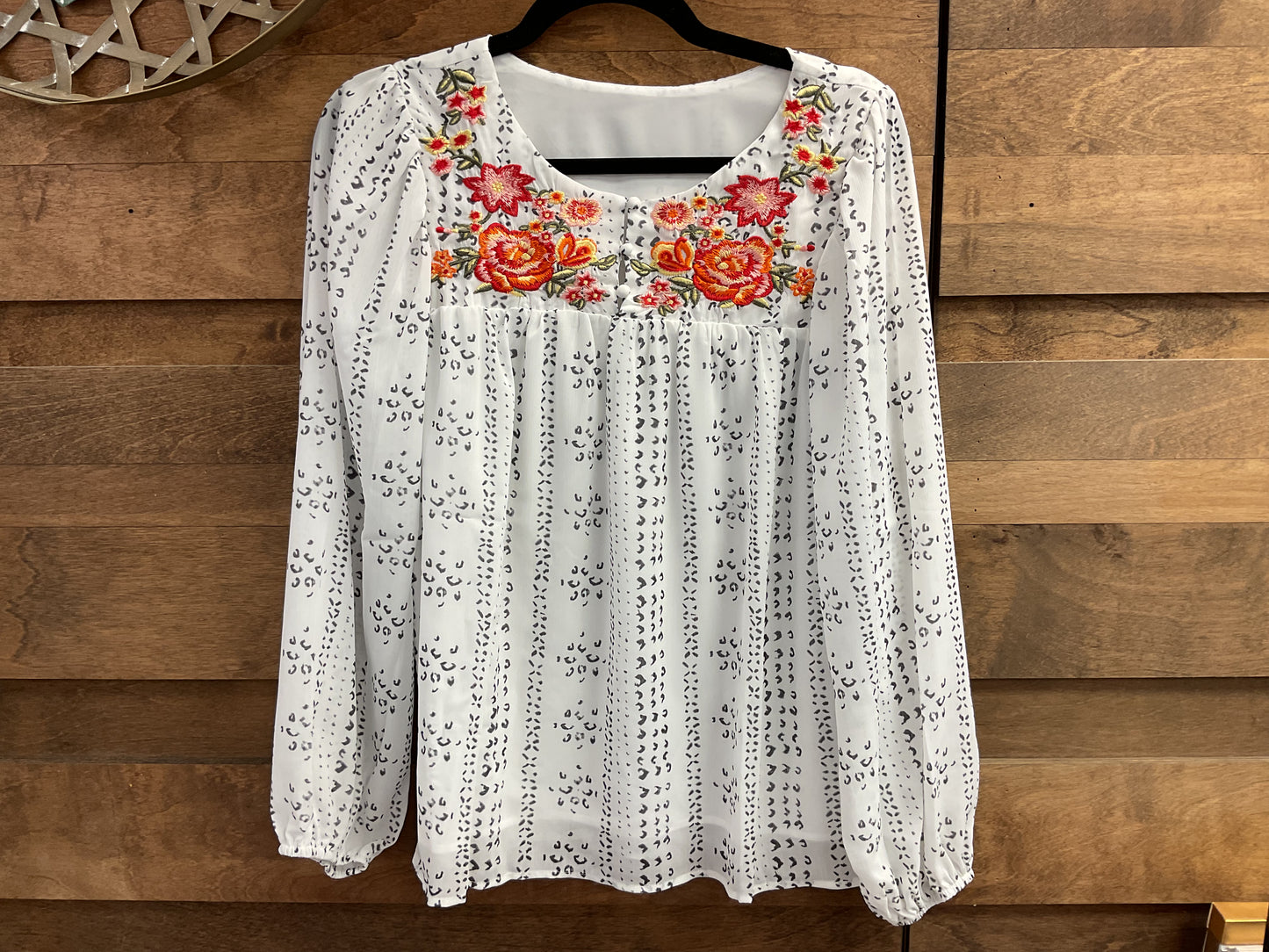 White Long Sleeve Embroidered Print Blouse