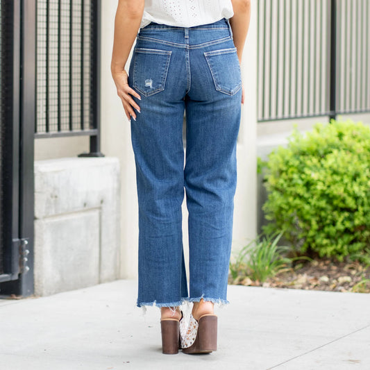 Mid Rise Raw Hem Wide Leg Jeans