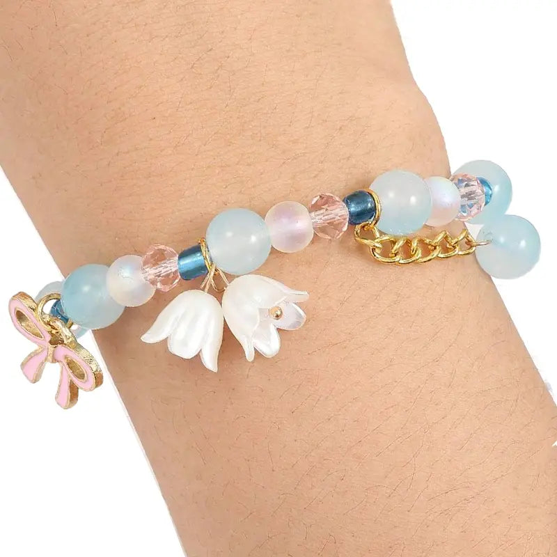 Coquette Pink Ribbon Bellflower Charm Bracelet