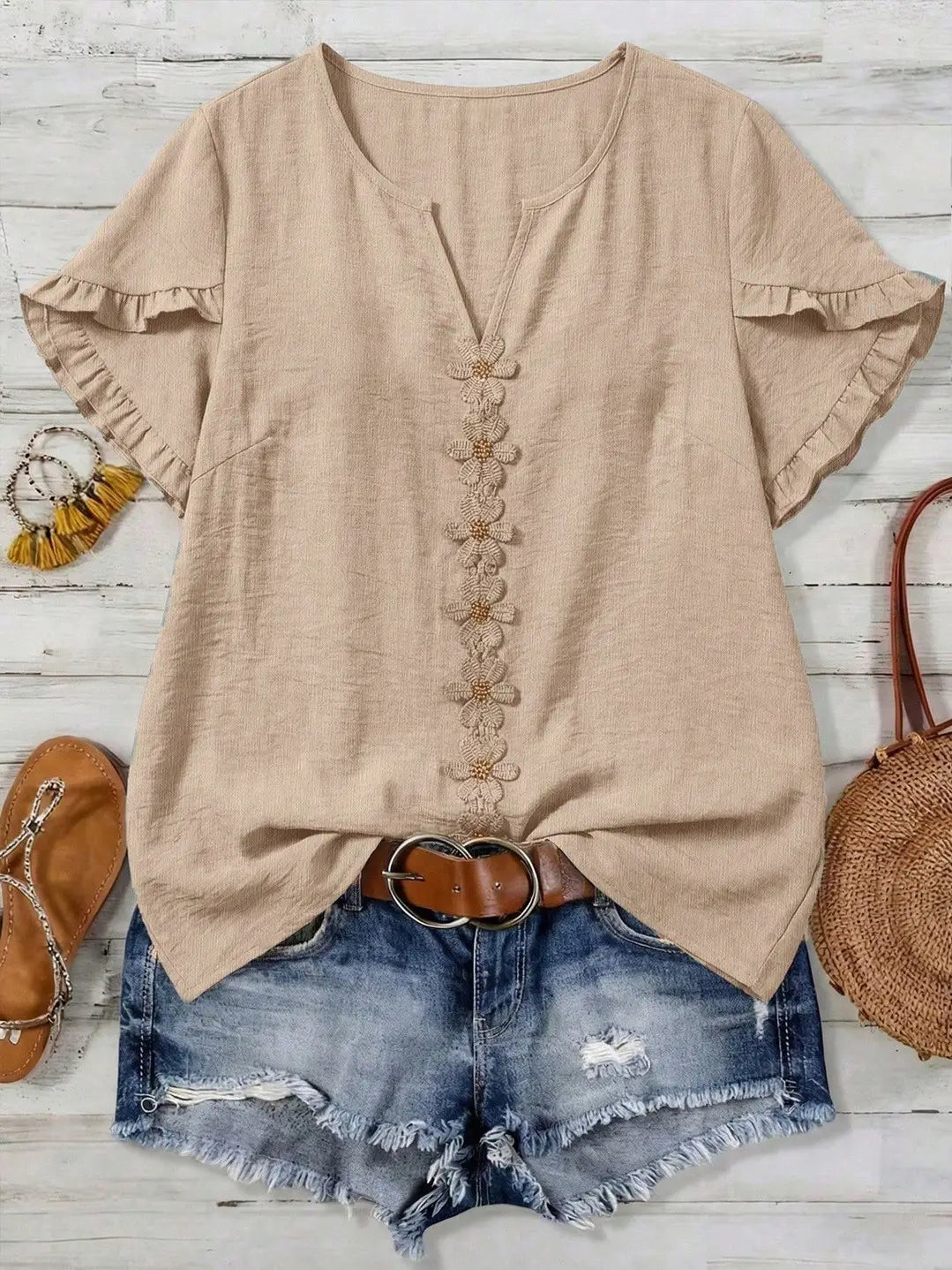 Boho Floral Embroidery V-Neck Ruffle Sleeves Shirt