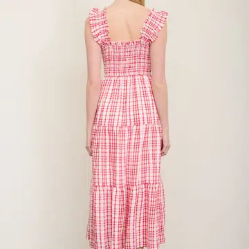 Plaid Smocked Ruffle Strap Tiered Midi Dress