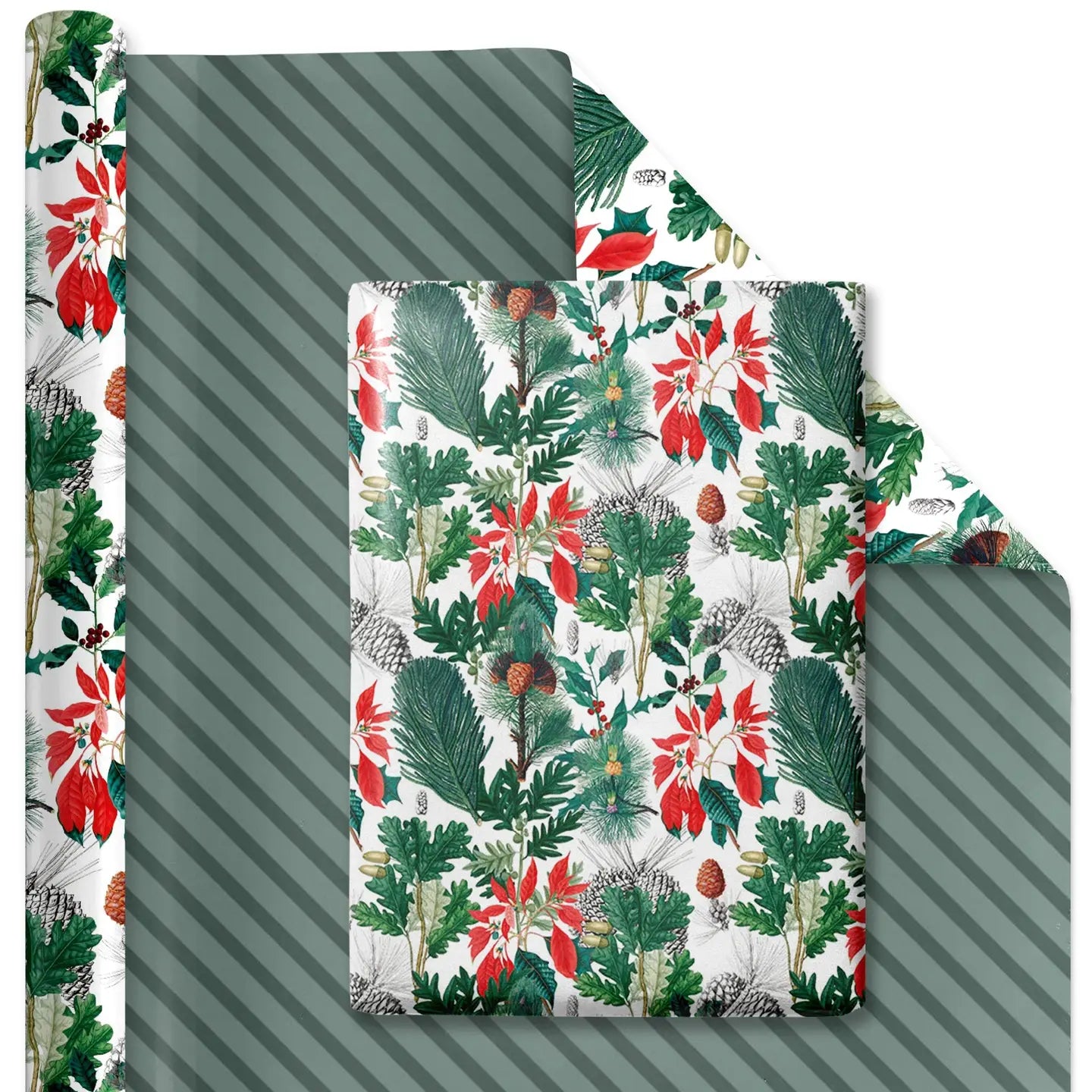 30" X 10' Reversible Holiday Wrapping Paper | Holiday Botanical/Green Tone On Tone Diagonal Stripe