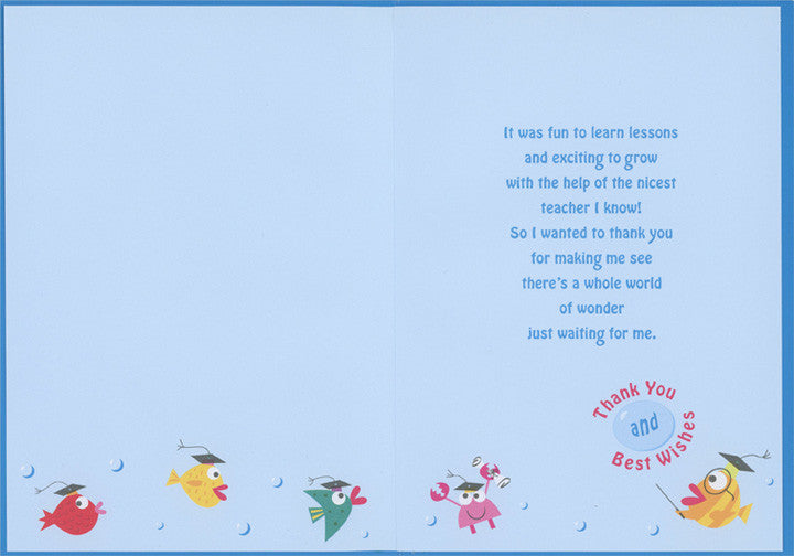 Colorful Fish and Crab Holding Diploma Teacher Appreciation / Thank You Card