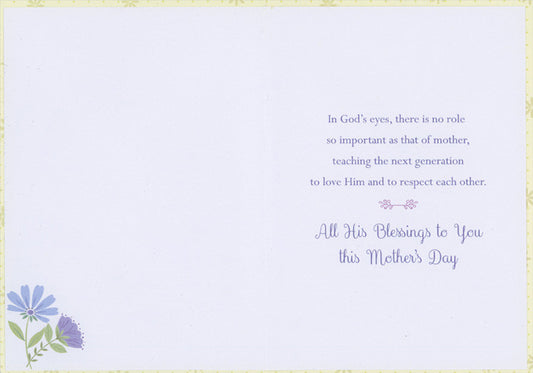 She Opens Her Mouth with Wisdom Scripture Verse: Repeated Blue and Purple Flowers Religious Mother's Day Card