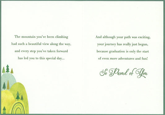 Orange Glitter Sun Over Rounded Blue and Green Hills Graduation Congratulations Card for Great-Granddaughter
