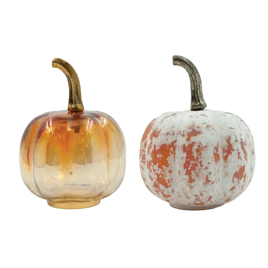 Glass Pumpkin with Stem, Distressed/Iridescent Finish