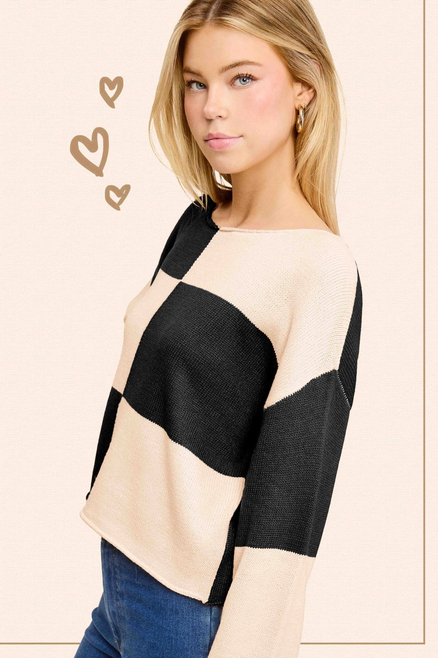 Checkered Sweater Loose Fit Rolled Hem Sweater