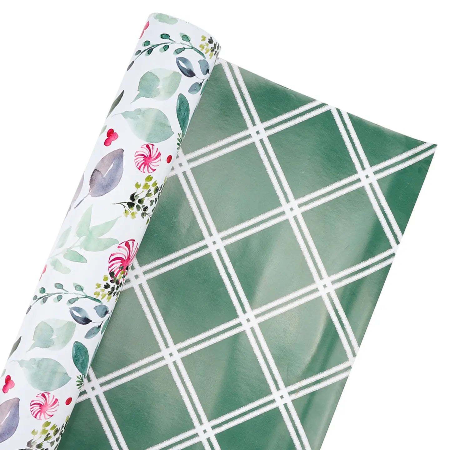 30" X 10' Reversible Holiday Wrapping Paper | Watercolor Holly/Green and White Lattis