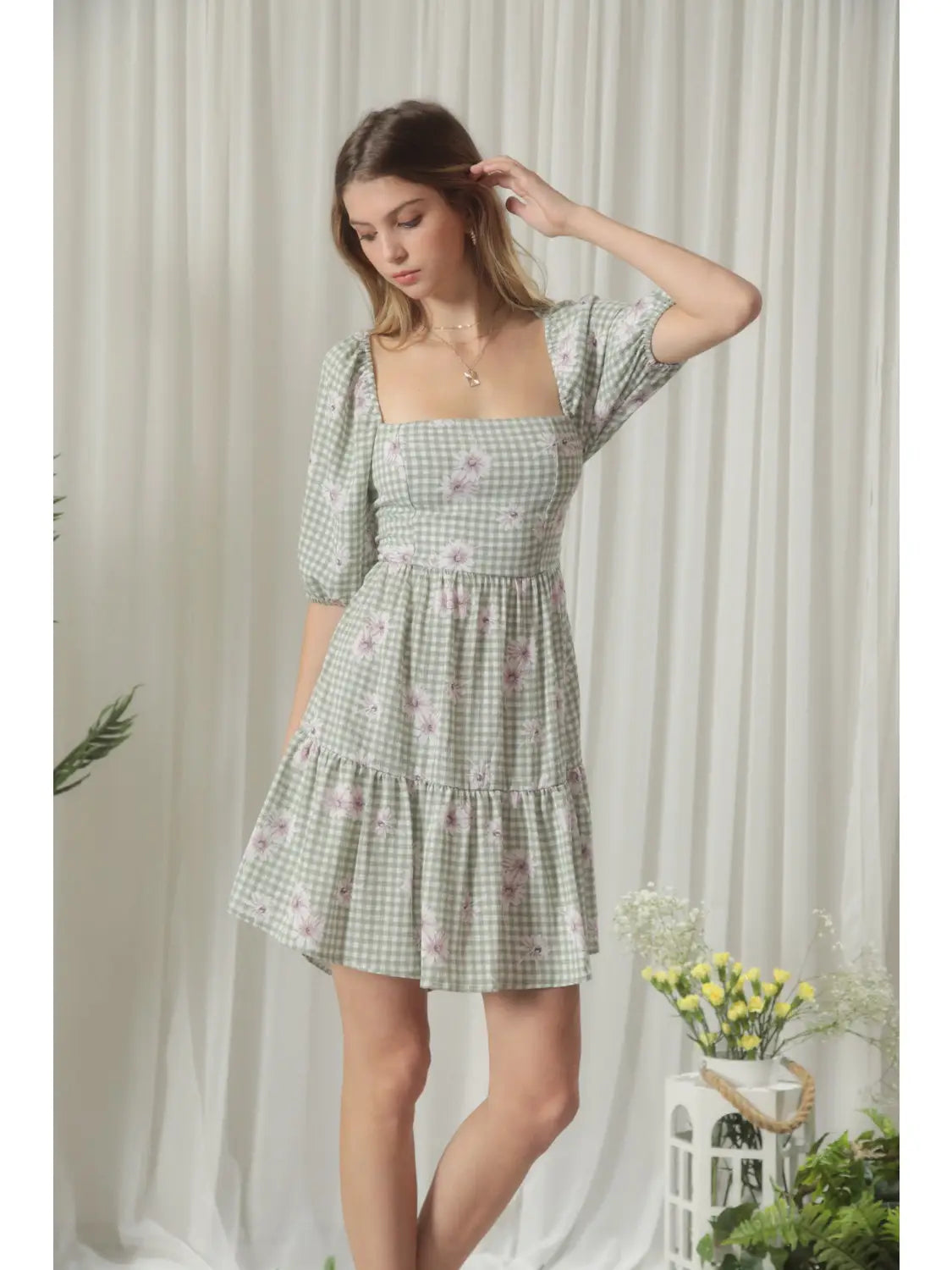 Plaid Floral Printed Tiered Mini Dress