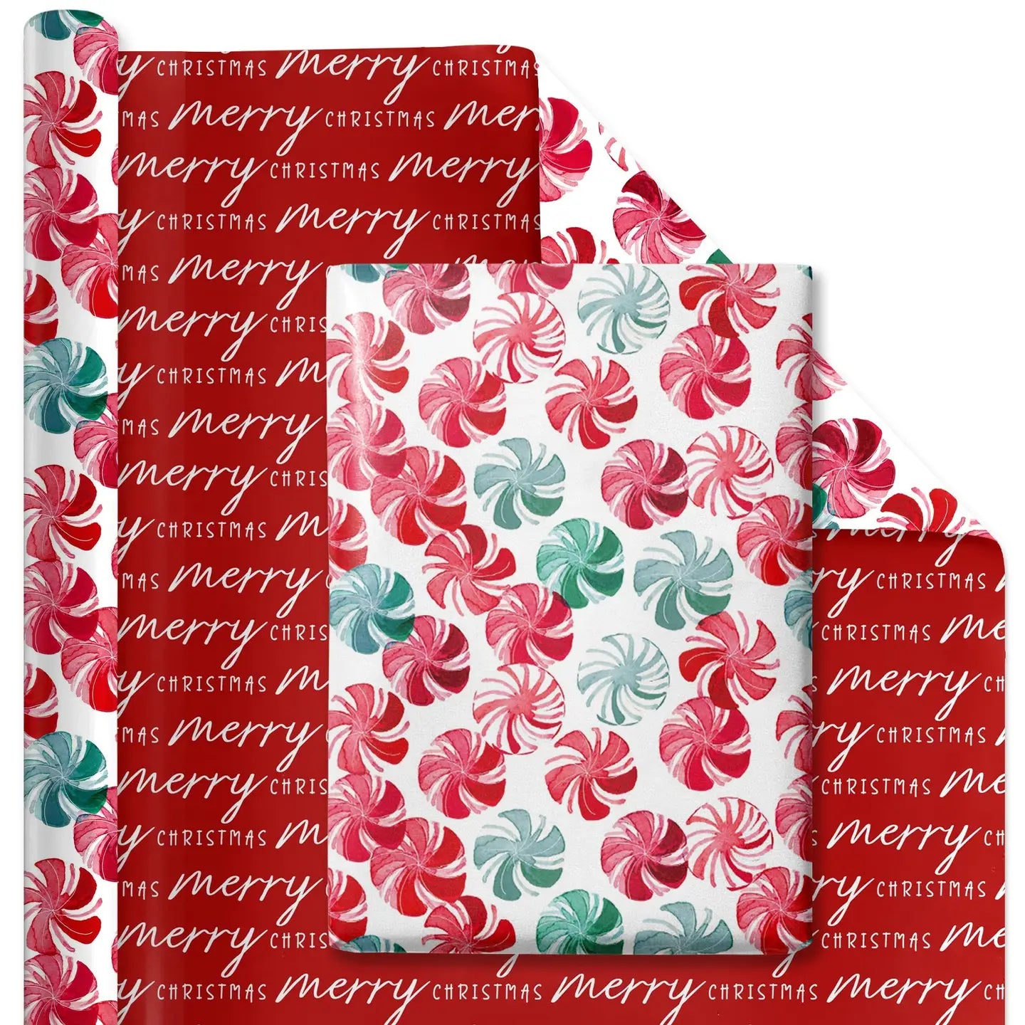 30" X 10' Reversible Holiday Wrapping Paper | Watercolor Peppermints/Merry Christmas On Red