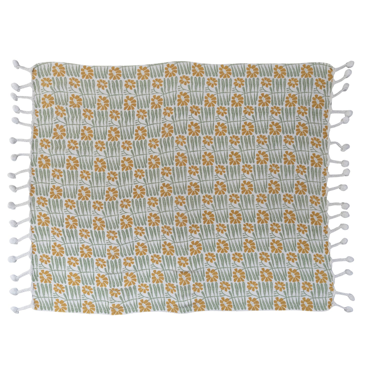 Cotton Blend Printed Throw w/ Flowers & Braided Pom Pom Tassels