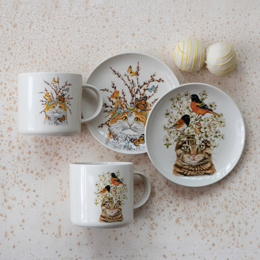 14 oz. Stoneware Mug with Cat & Flora/Fauna, 2 Styles