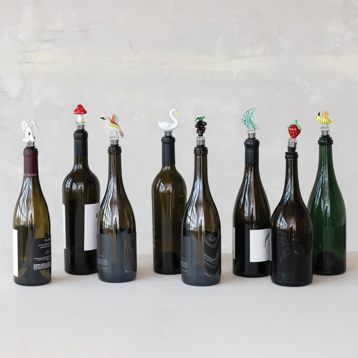 Zinc Alloy Bottle Stopper with Hand-Blown Glass Figure, 8 Styles